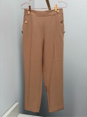 Zara High-Rise Tan Wide-Leg Pants with Gold Button Detail